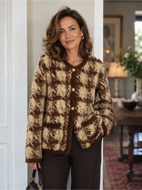J.McLaughlin Inez Cozy Brown Houndstooth Fuzzy Jacket - Women's